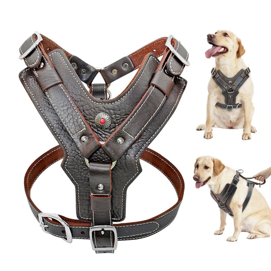 Durable Dog Harness Large Dogs Genuine Leather Pet Training Vest With Quick Control Handle